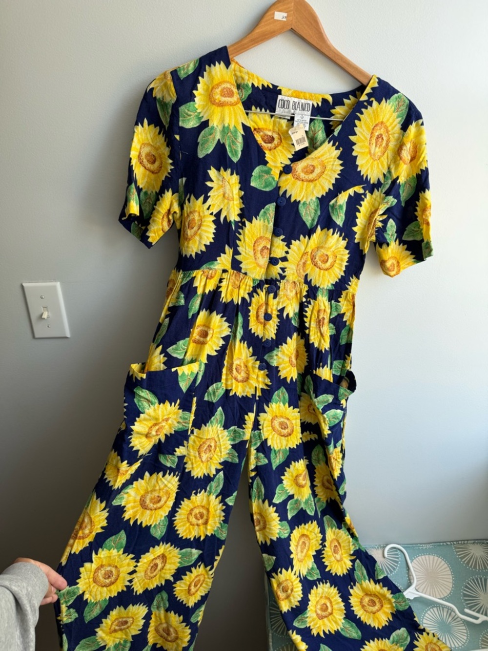 RARE 90s Coco Bianco Navy Jumpsuit with Yellow Sunflower Print
